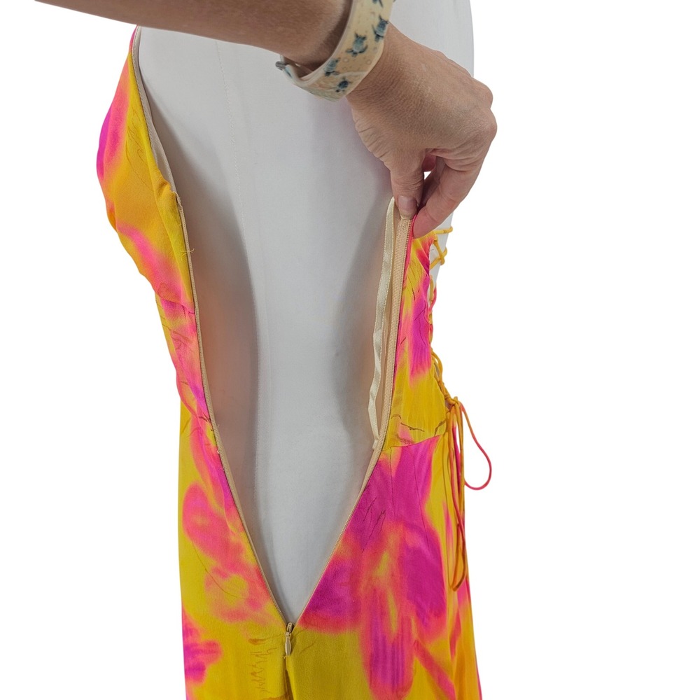 Cache Vintage Y2K Silk Midi Dress 6 Halter Empire Yellow & Pink Corset Back - Picture 6 of 15